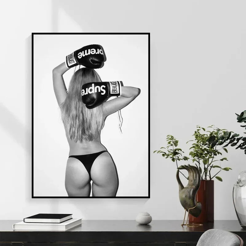 affiche moderne femme boxeuse gants noire blanche élégant garçon décoration salon chambre illustration minimaliste