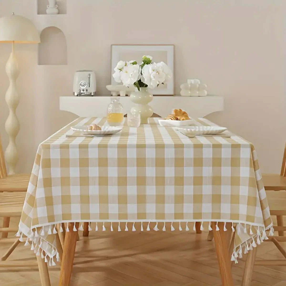 nappe table carreaux géométriques beige blanc noir tassellets classique rustique polyester imperméableextérieurintérieur