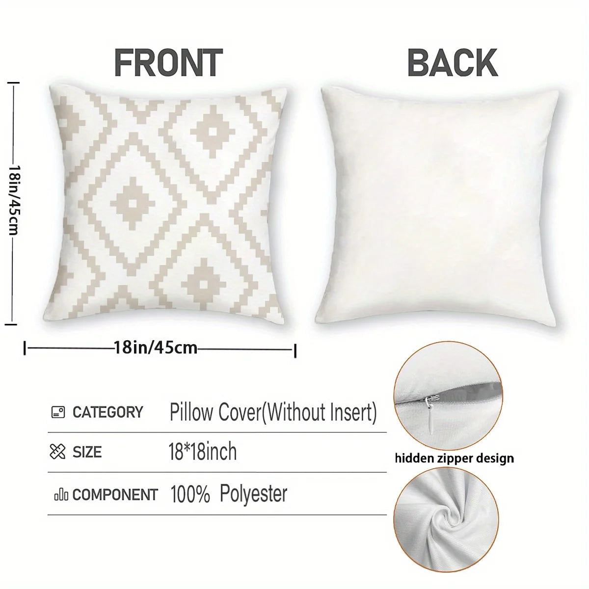 housse coussin motif géométrique moderne polyester beige blanc zipper 40x40cm chambre coucher canapé lit
