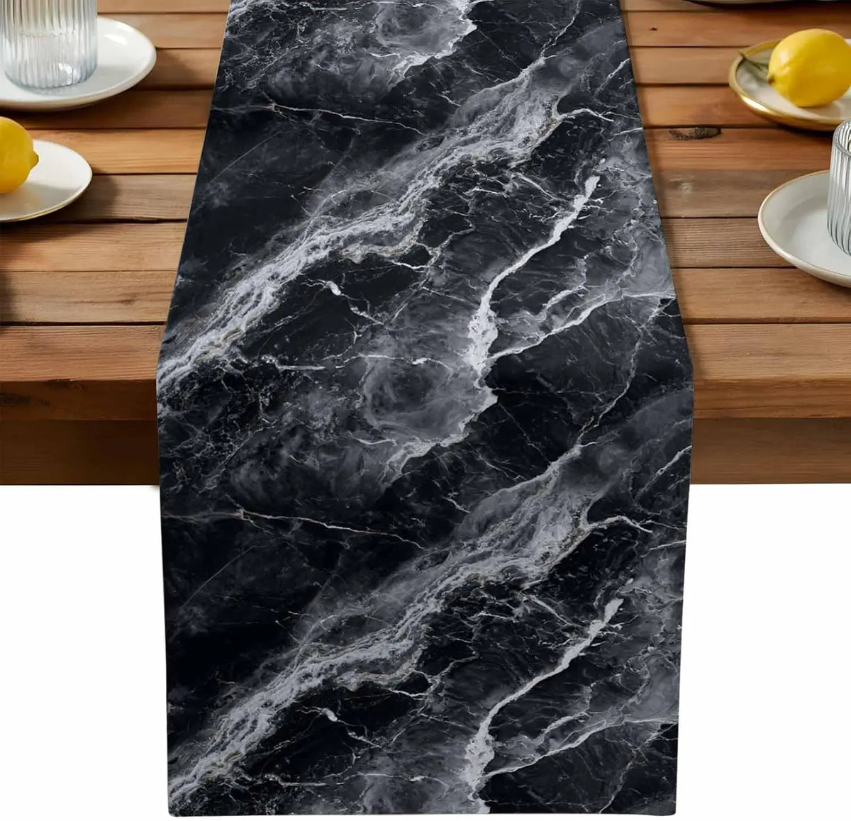 nappe runner lin imitation marbre motifs veinés moderne citrons tournesols marguerites vaisselle décorative