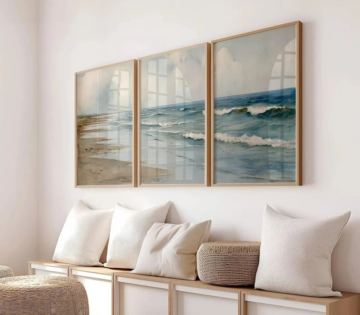 tableaux moderne paysage marin nuages sable beige bleu gris blanc minimaliste