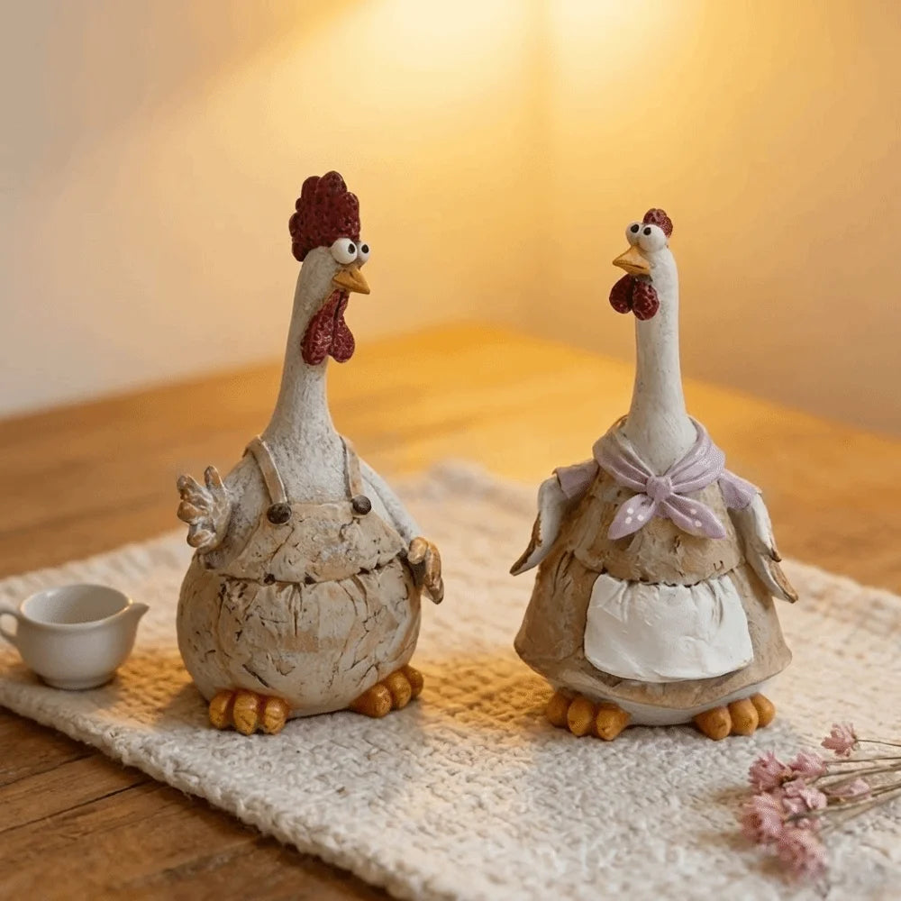 statues decoratives poules couleur blanc marron rouge aspect vieilli rustique vintage jardin decoration exterieure