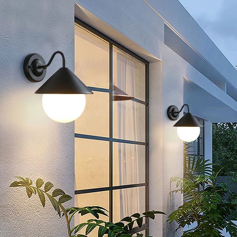 applique murale extérieure led moderne minimaliste noir blanche sphere e27 fixée mur plaque