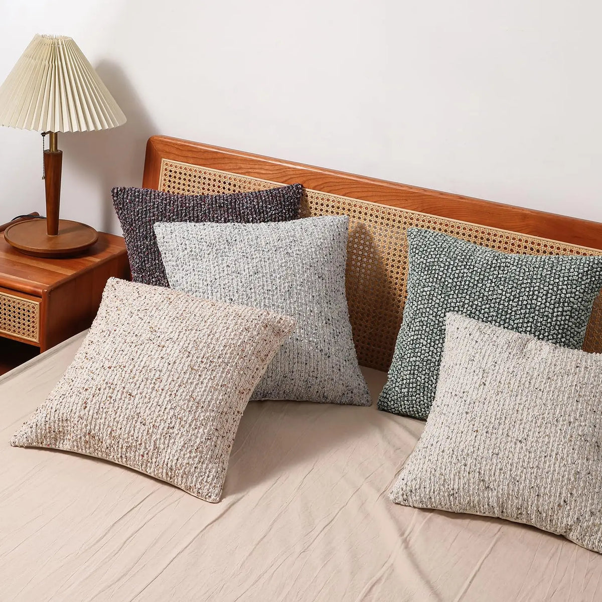 lot housses coussin carrées beige texture boucle rustique décoratif