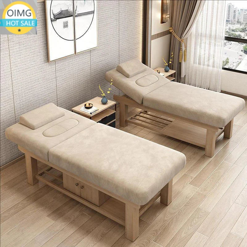 table massage professionnelle simili cuir structure bois moderne marron gris beige étagères rangement tiroirs