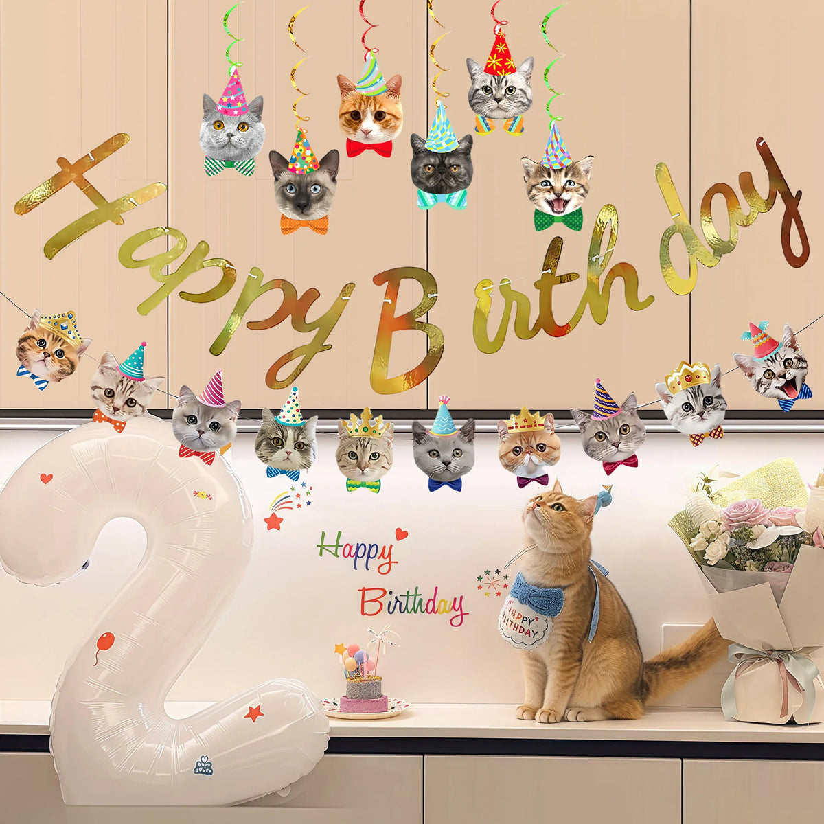 décoration fête anniversaire guirlande chats chapeaux couronnes nœuds papillon or multicolore clips métalliques mignon