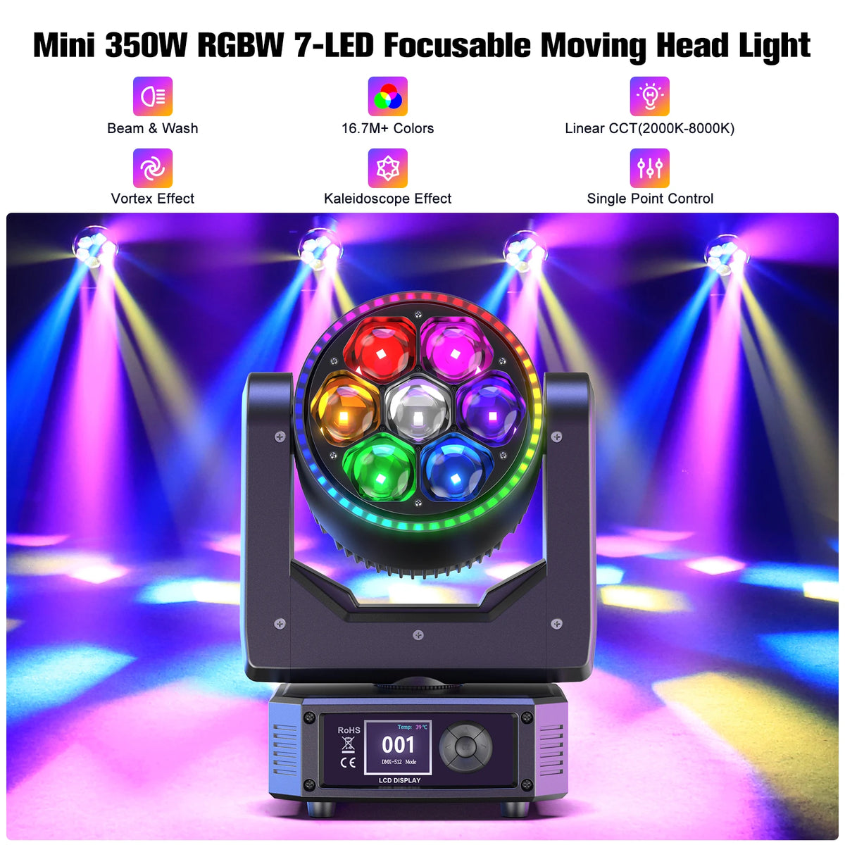 projecteur led rotatif noir effets lumineux dmx scènes professionnelles dj multiple couleurs lcd.controls