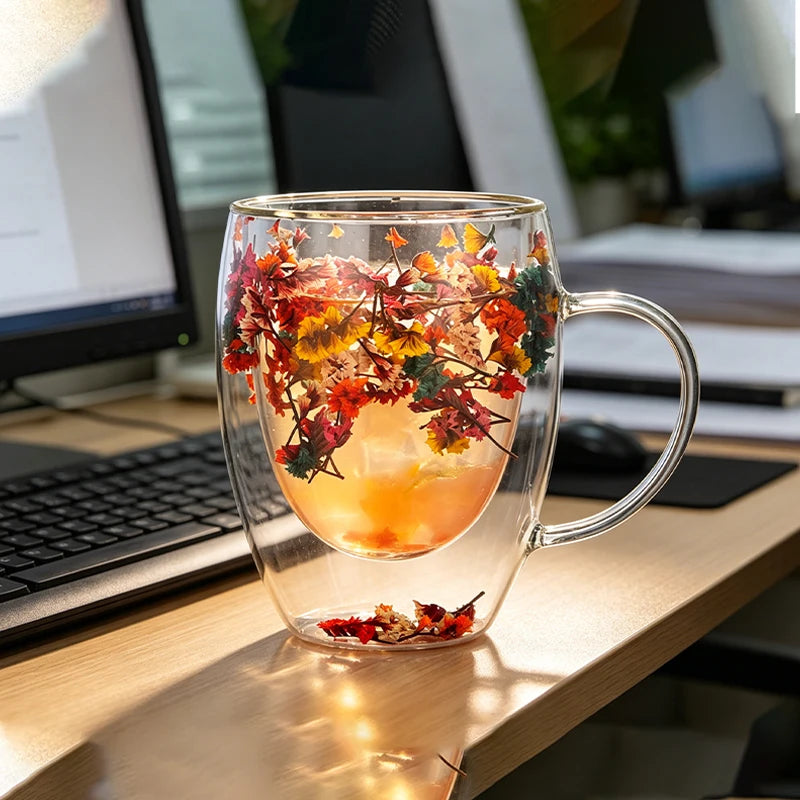 tasse verre double paroi fleurs séchées transparente poignée 380ml résistante chaleur déco floral