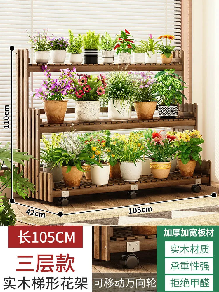 étagère bois moderne plantes intérieur extérieur balcon roulettes 110cm 140cm 42cm multiples niveaux contemporain