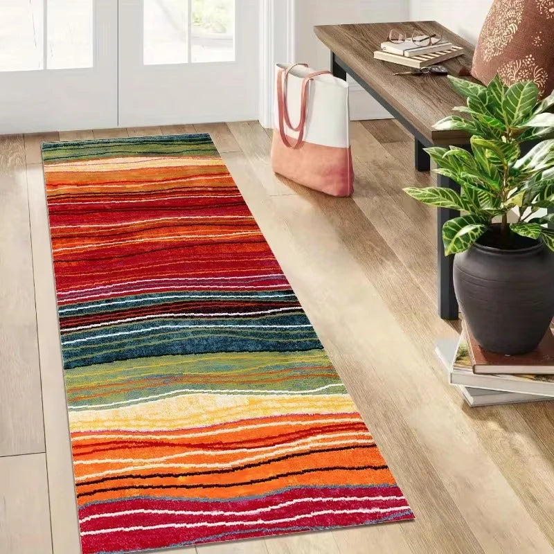tapis moderne bleu beige rayé rustique salon chambre salle bain polypropylène polyester