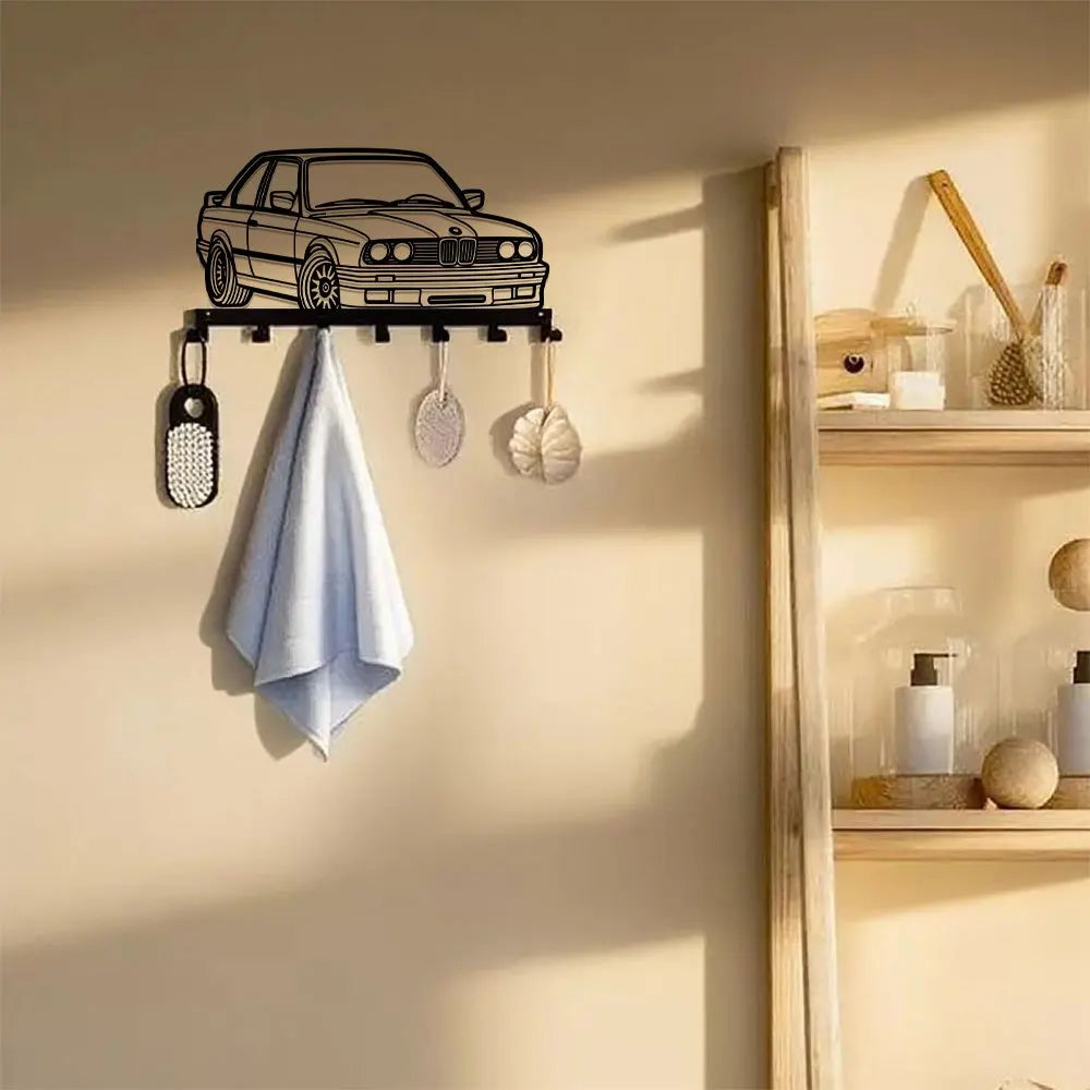 porte clés mural métal forme voiture dessin bmw e30 noir blanc minimaliste fixations vis