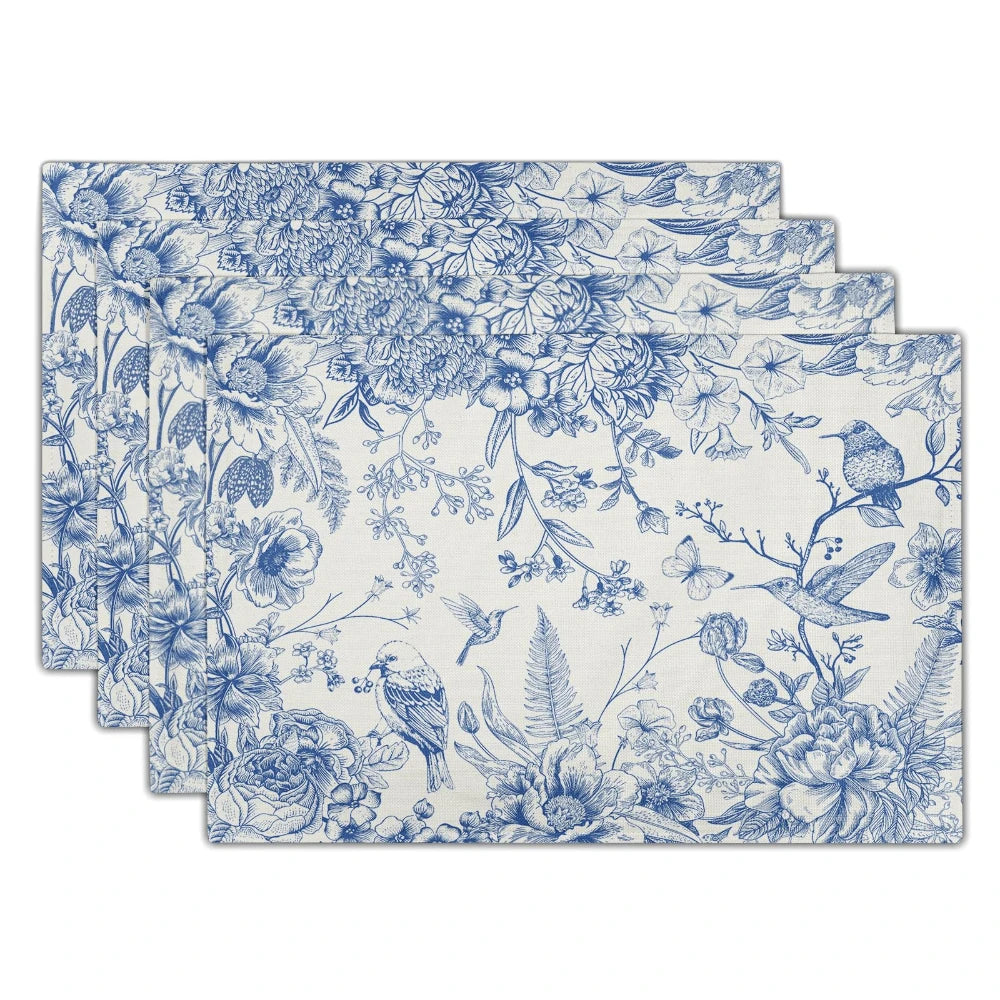 serviettes table lin blanc bleu fleuri classique vintage respectueux environnement opaques