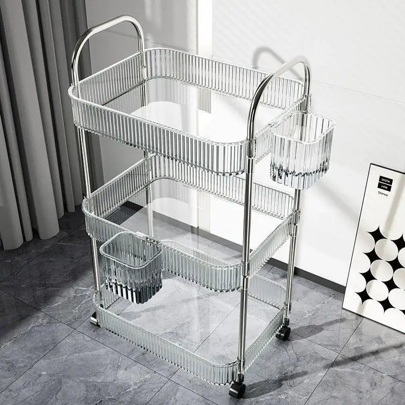 chariot roulettes transparent moderne compartiments striés rangement cosmétiques objets divers