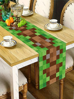 chambre coucher salon chemin table carreaux géométriques moderne vert marron gris decoration tissu