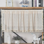 rideau cuisine beige dentelle géométrique vintage bohème opacité crochets franges