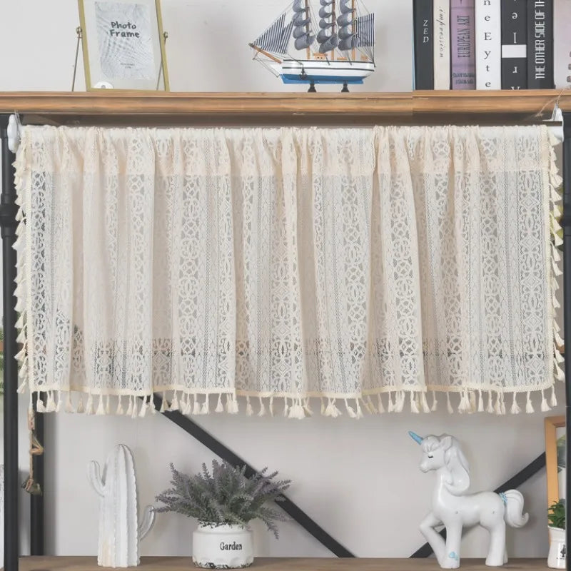 rideau cuisine beige dentelle géométrique vintage bohème opacité crochets franges