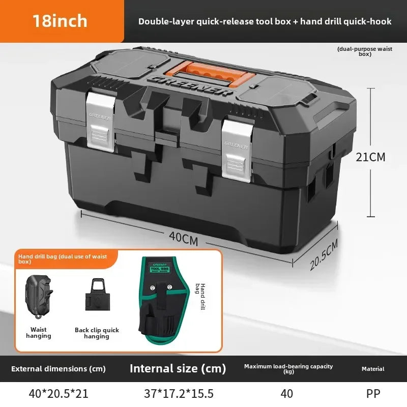 boîte outils noire orange clips multifonctionnelle perceuse batterie sac clé douille première secours lampe