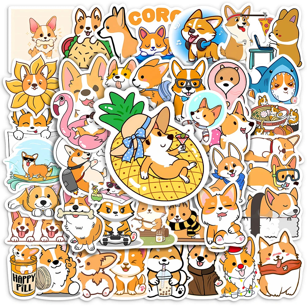 stickers autocollants dessins animés chiens corgis orange blanc bleu jaune vert rose bruns waterproof