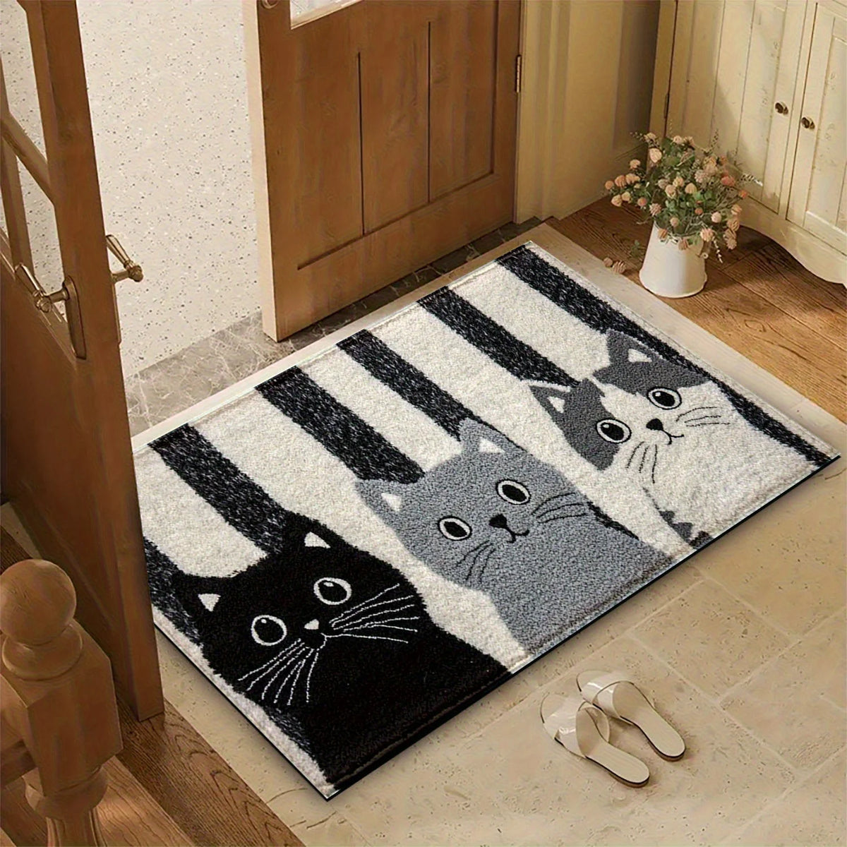 tapis moderne imperméable noir gris blanc chatons rayures extérieur salon chambre coucher