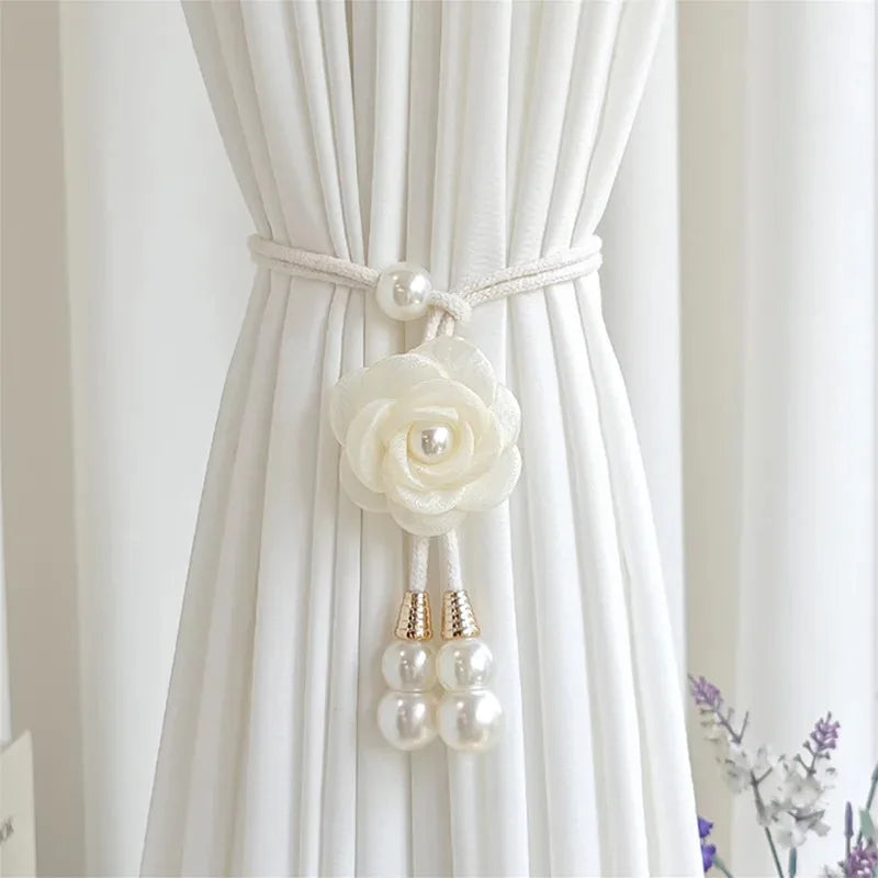 rideaux polonais fleurs relief soie nacrées corde tressée élégant accessoires décoratifs pastel doré