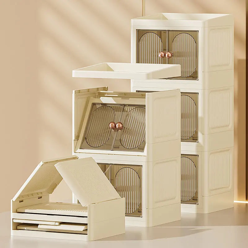 boîte rangement cosmétique tiroirs plastique moderne beige clair panneaux verticaux transparents organisation salon chambre