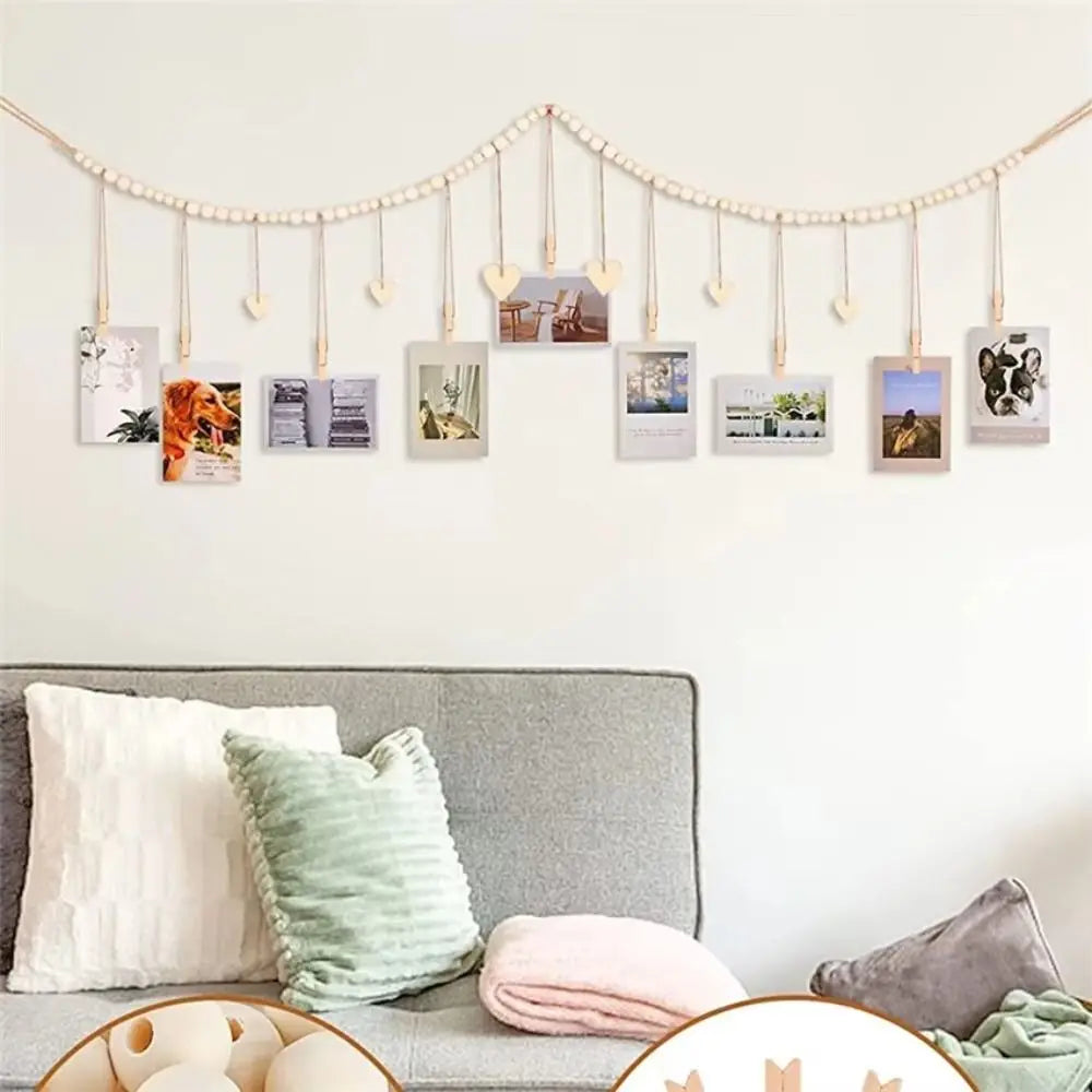 guirlande perlée bois coeurs love photos suspension murale bohème champêtre décoration chambre