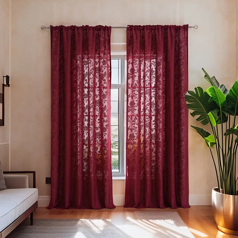 rideau floral transparent rouge bordeaux classique polyester maison bureauhôtel chambre coucher decoration