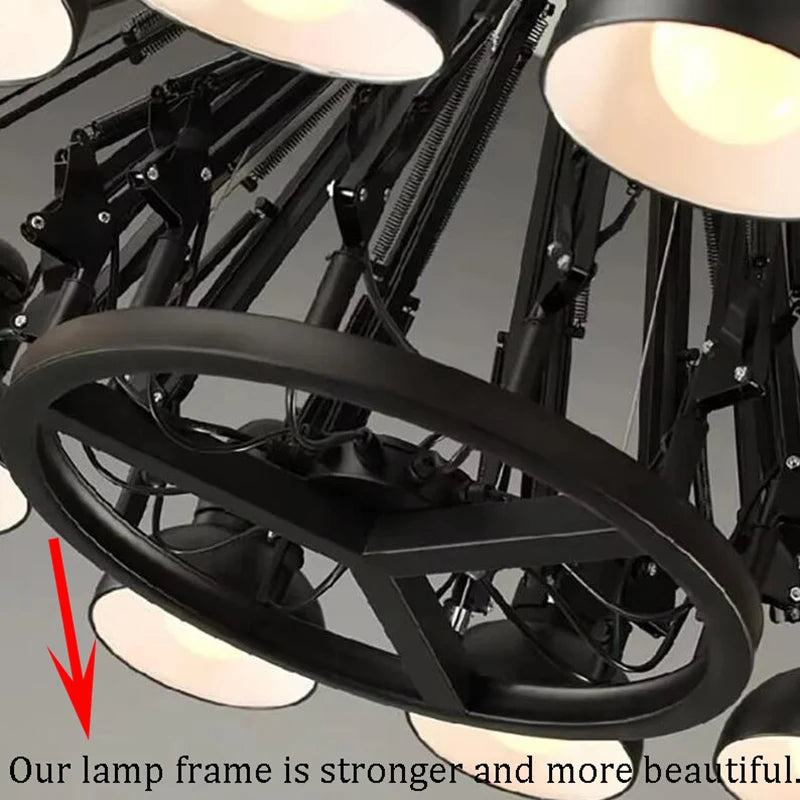 chandelier moderne suspension bras articulés noir blanc bois clair lumière