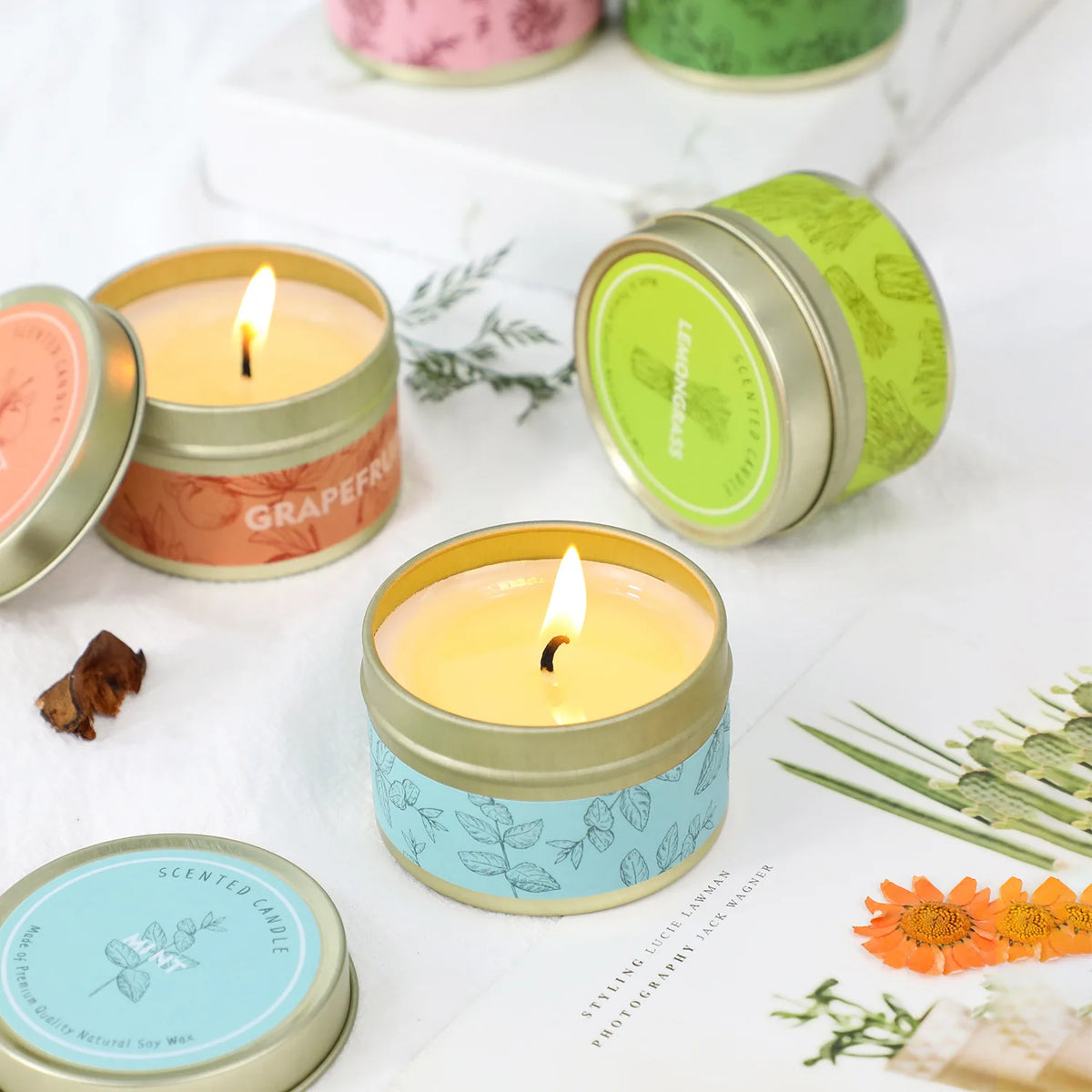 bougies parfumées cire soja motifs floraux minimaliste parfums lavande menthe eucalyptus grapefruit jasmin citronnelle