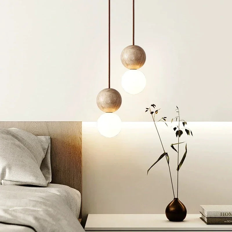 suspension lumineuse moderne pierre blanc beige doré texture granulée interrupteur bouton led 3000k 7w