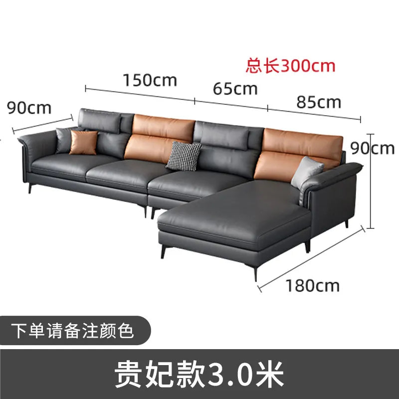 Canapé d'angle moderne cuir gris chaise lounge pieds noirs coussins géométriques salon bois composite