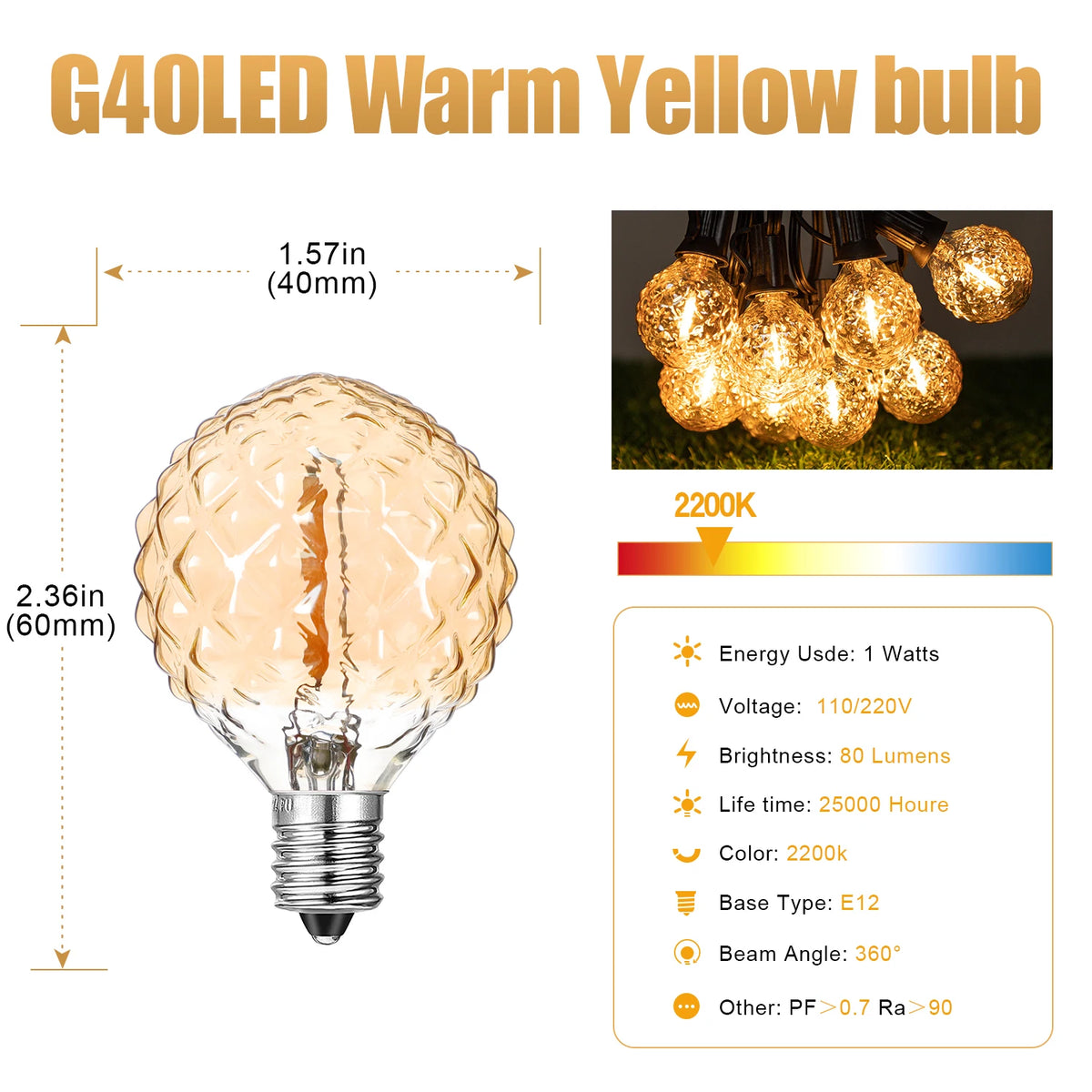 guirlande lumineuse dorée vintage ampoules g40 led clips imperméable connectableextérieur 80lumens