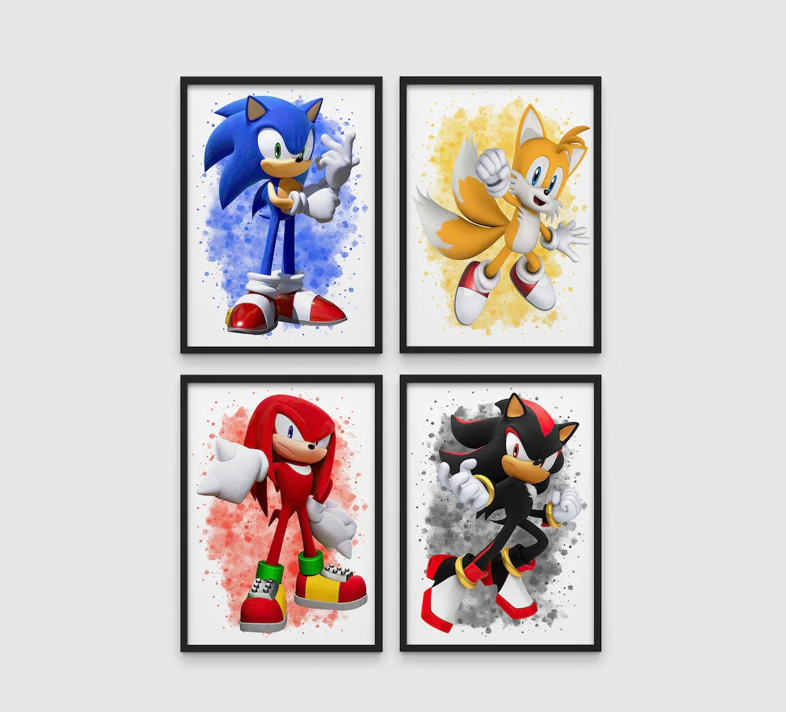 tableaux muraux sonic tails knuckles shadow aquarelle cadre noir bois clair chambre enfant decoration