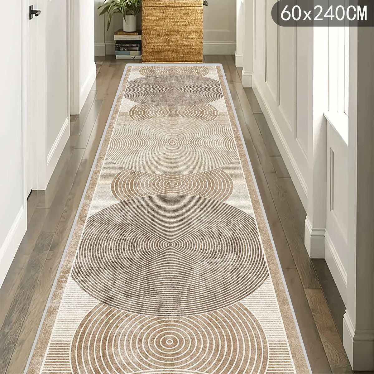 tapis moderne minimaliste concentrique polyester durable beige gris antidérapant intérieur extérieur