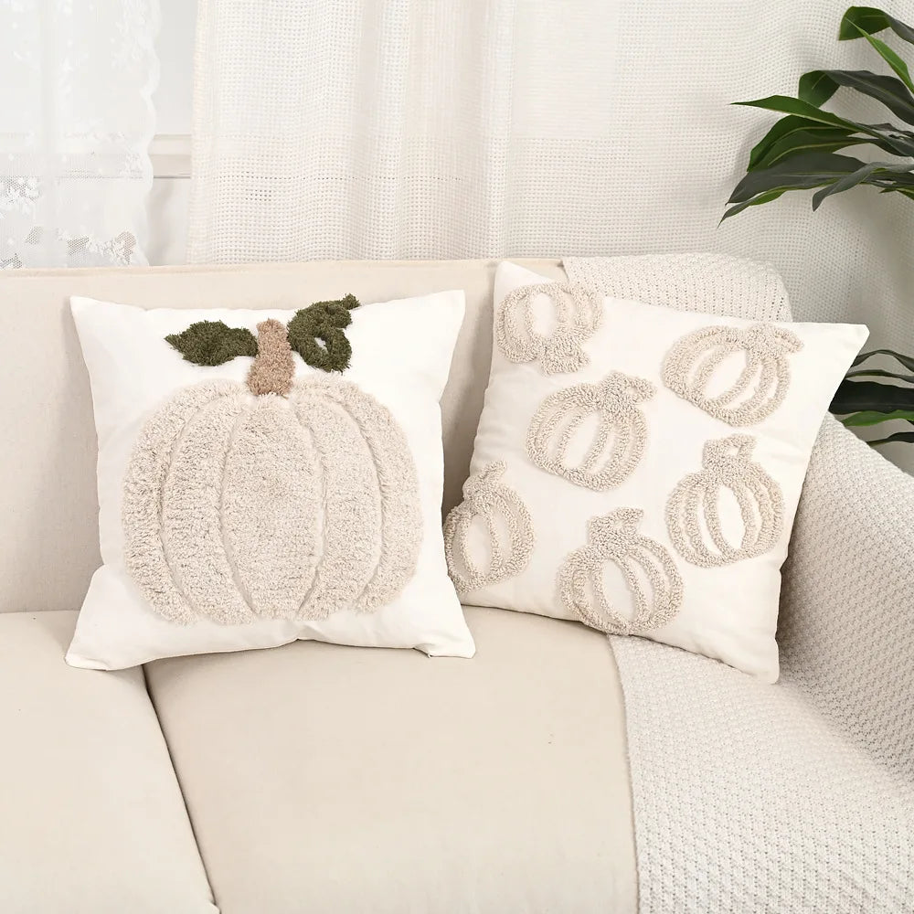 citrouille brodée halloween coussin blanc rustique automne texture épaisse polyester coton décoration sofa chambre