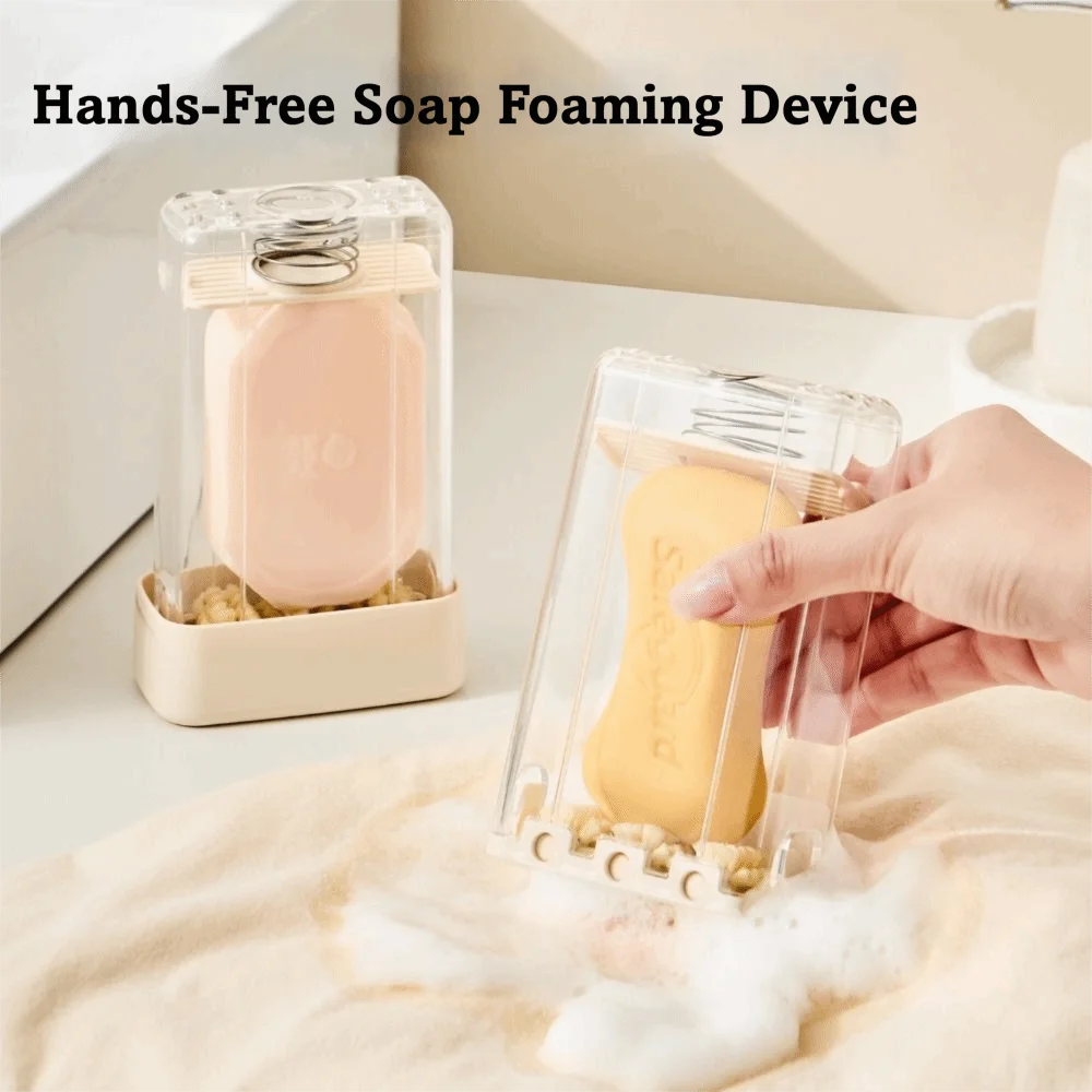 distributeur savon mousse automate moderne minimaliste beige transparent adhésif brosse support linge efficace innovant