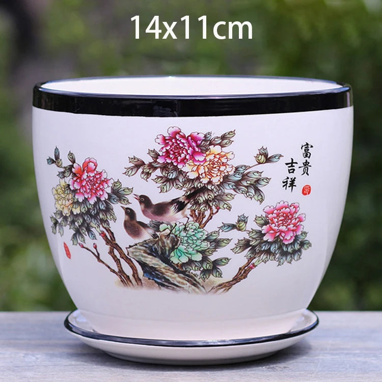 vase decoratif art traditionnel chinois cache pot fleurs oiseaux calligraphie chinoise blanc rouge vert
