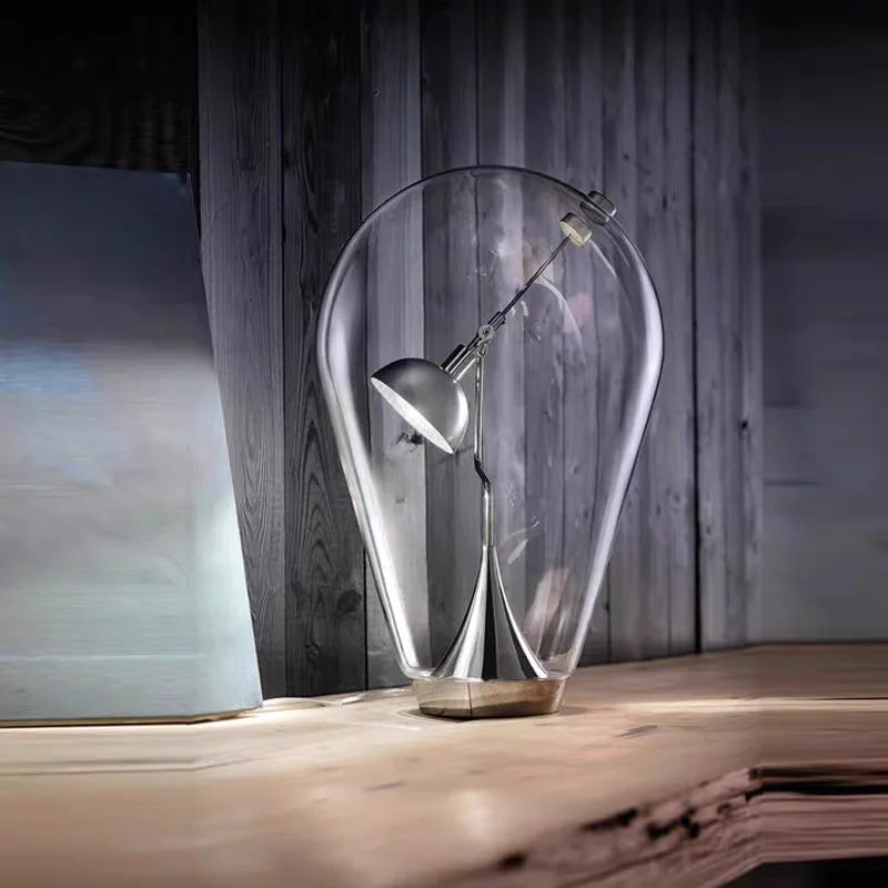 lampe table transparente industrielle abat jour texturé base métal argenté led chambre