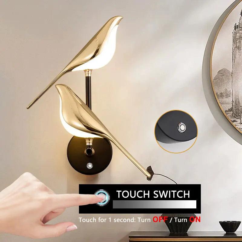 applique murale lampe oiseau moderne led interrupteur tactile salon chambre couleur or