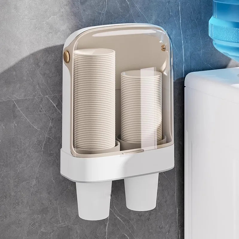 distributeur tasses jetables moderne minimaliste adhésif transparent vert blanc beige plastique