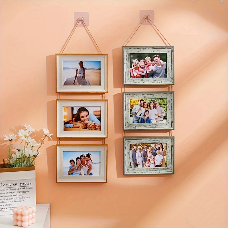 cadres photo suspendus ensemble decoratif rustique familial beige clair blanc texturé