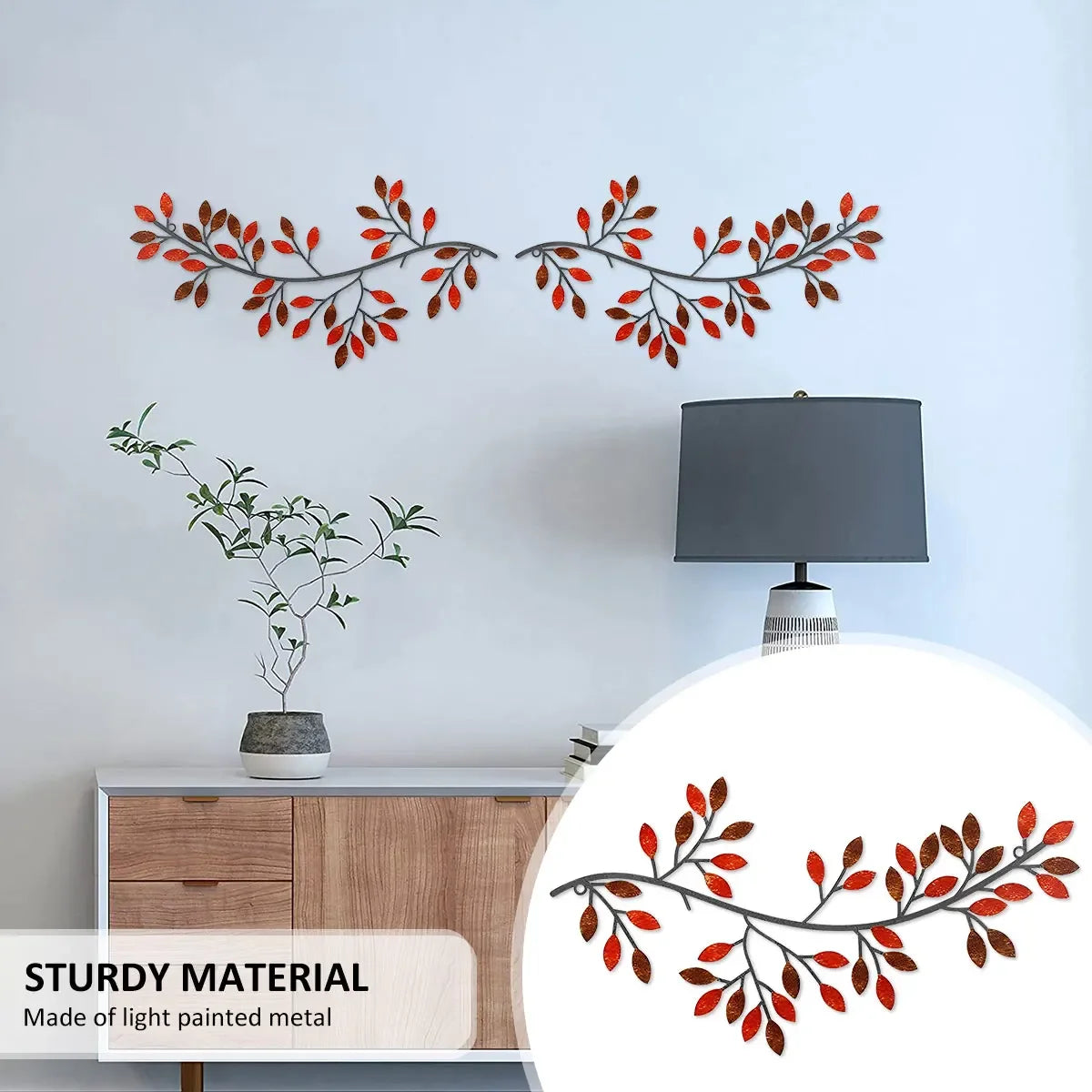décoration murale métal feuilles stylisées 30x16cm noir blanc rouge suspendu artisanal moderne