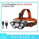 lampe frontale led rechargeable usb camping pêche chasse haute luminosité noir orange rouge