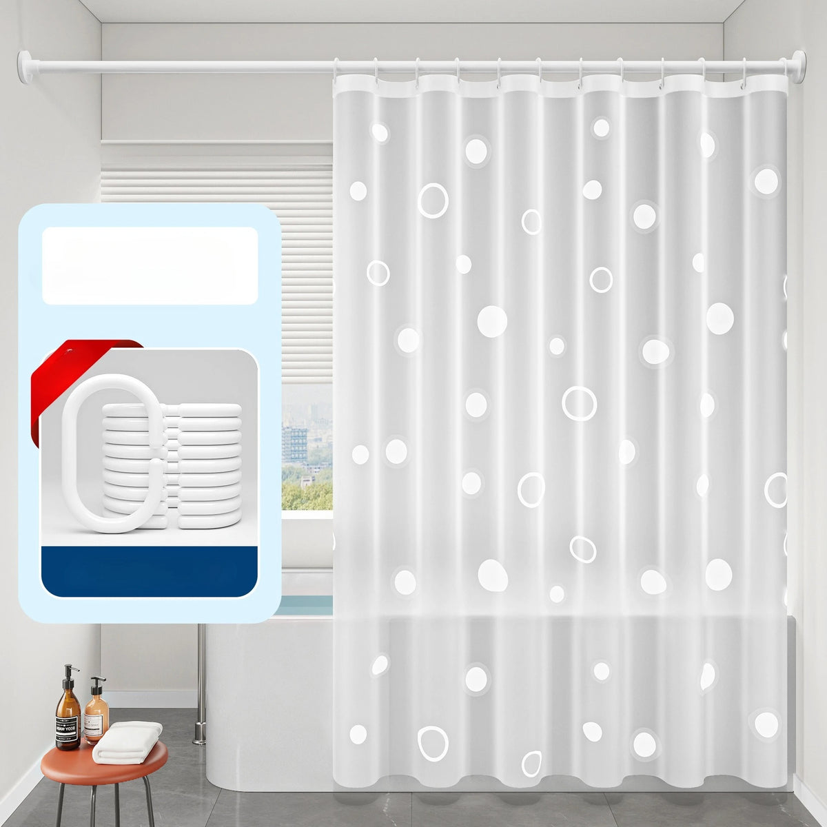 rideau douche blanc moderne motif points transparent ourlet standard pvc w120xh180cm w120xh200cm w150xh180cm w150xh200cm