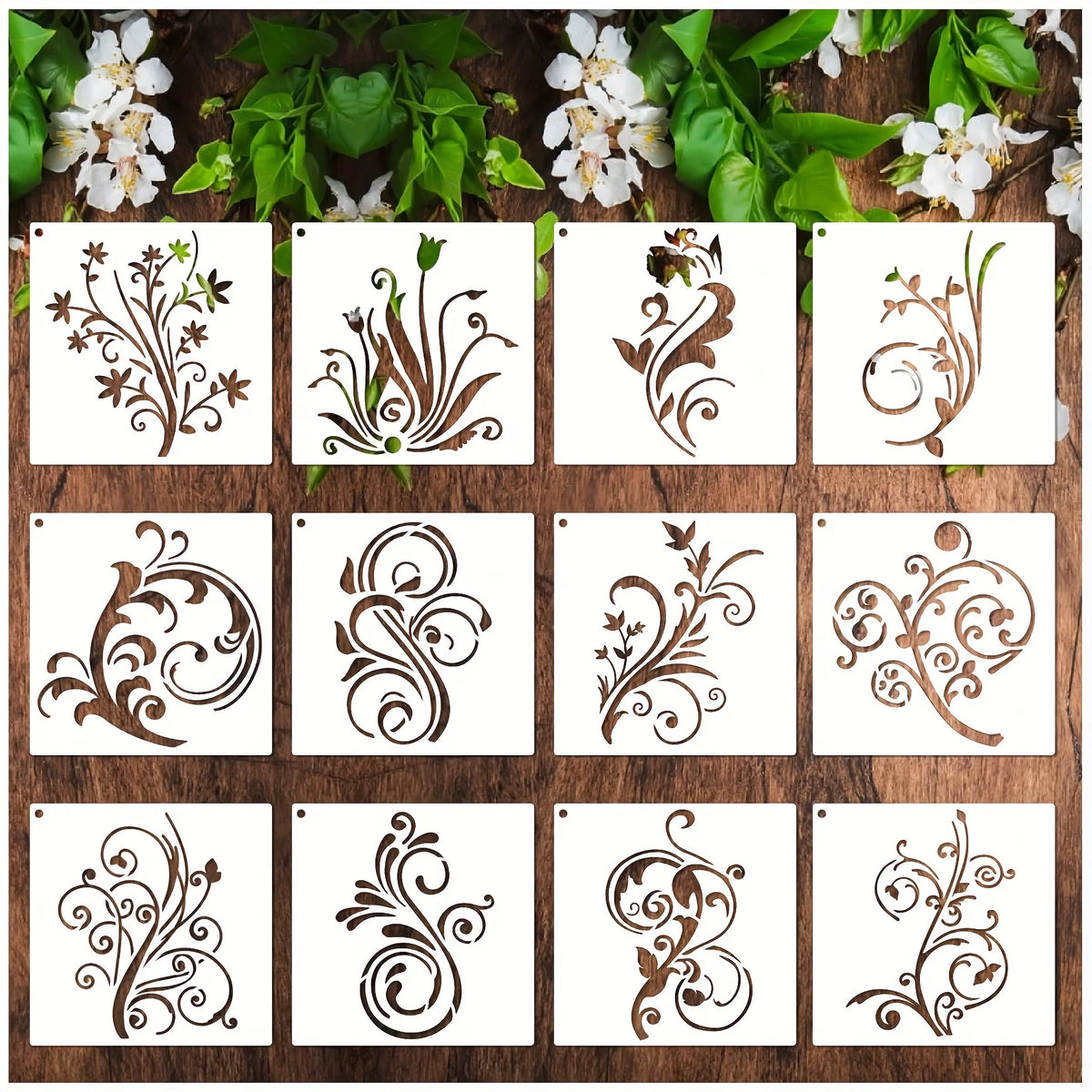 stencils peinture motifs floraux abstraits feuilles branches modernes artisanaux clips poignée zip