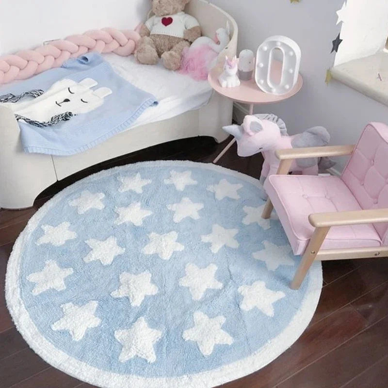 tapis rond étoiles bleu clair doux moelleux moderne enfants salon