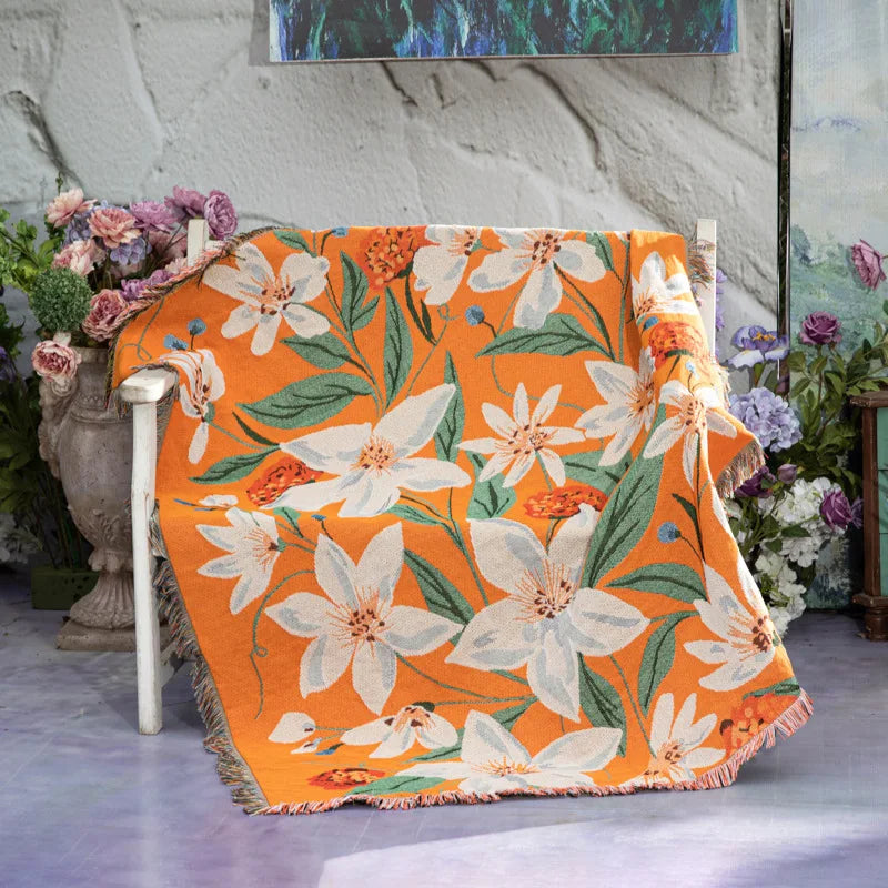 couverture tissée fleurs orange blanc vintage portable chambre camping