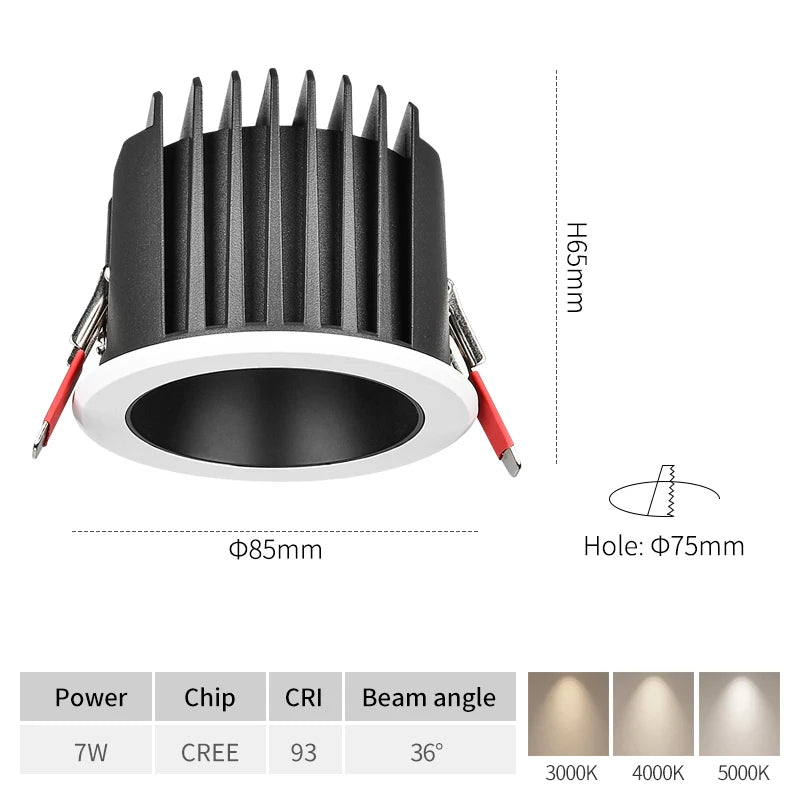 Spot LED 12W 7W 3000K 4000K 5000K noir blanc grille moderne clips étanche