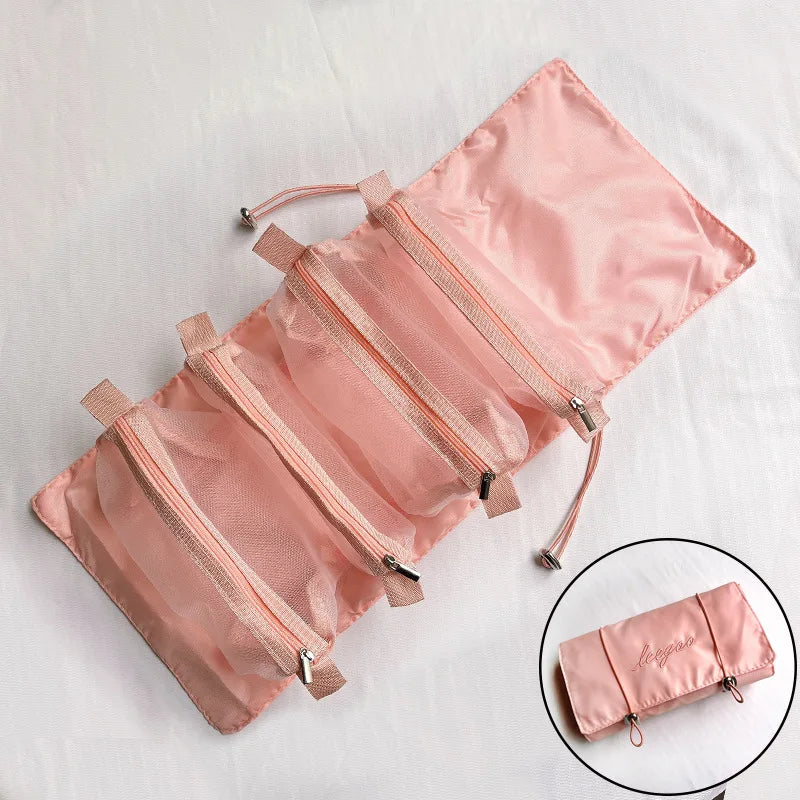 Sac cosmétiques multi usages pliable rose clair moderne poignée dorée fermeture glissière