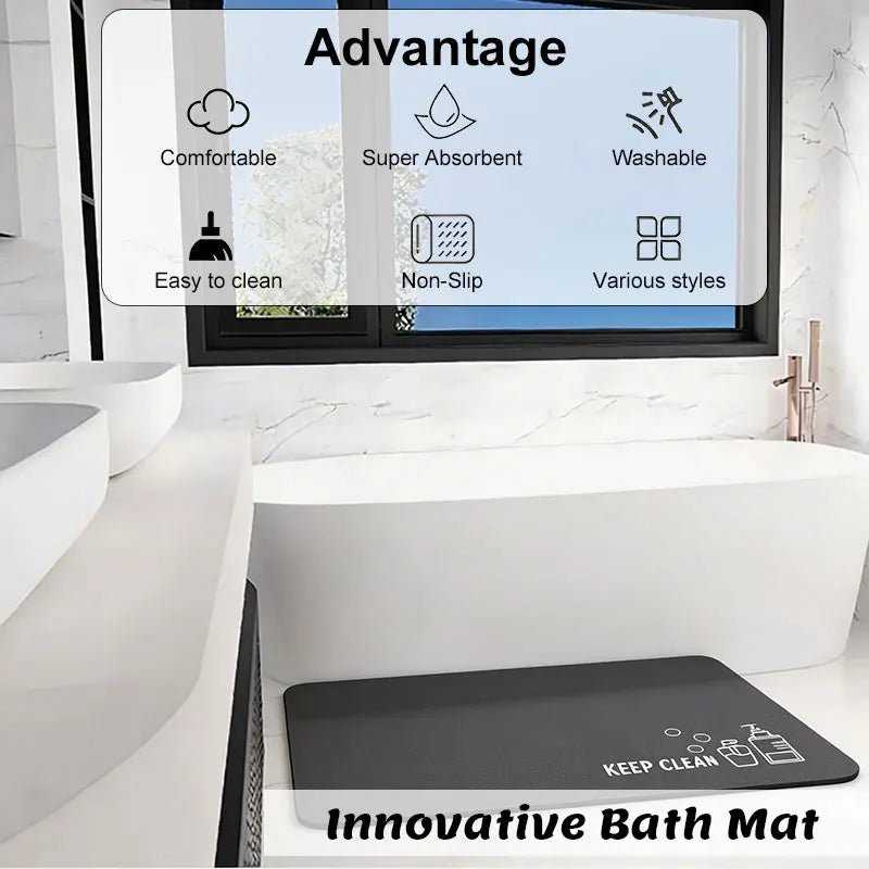tapis bain moderne imprimé gris symboles nettoyage keep clean absorbant respectueux environnement 60x90cm
